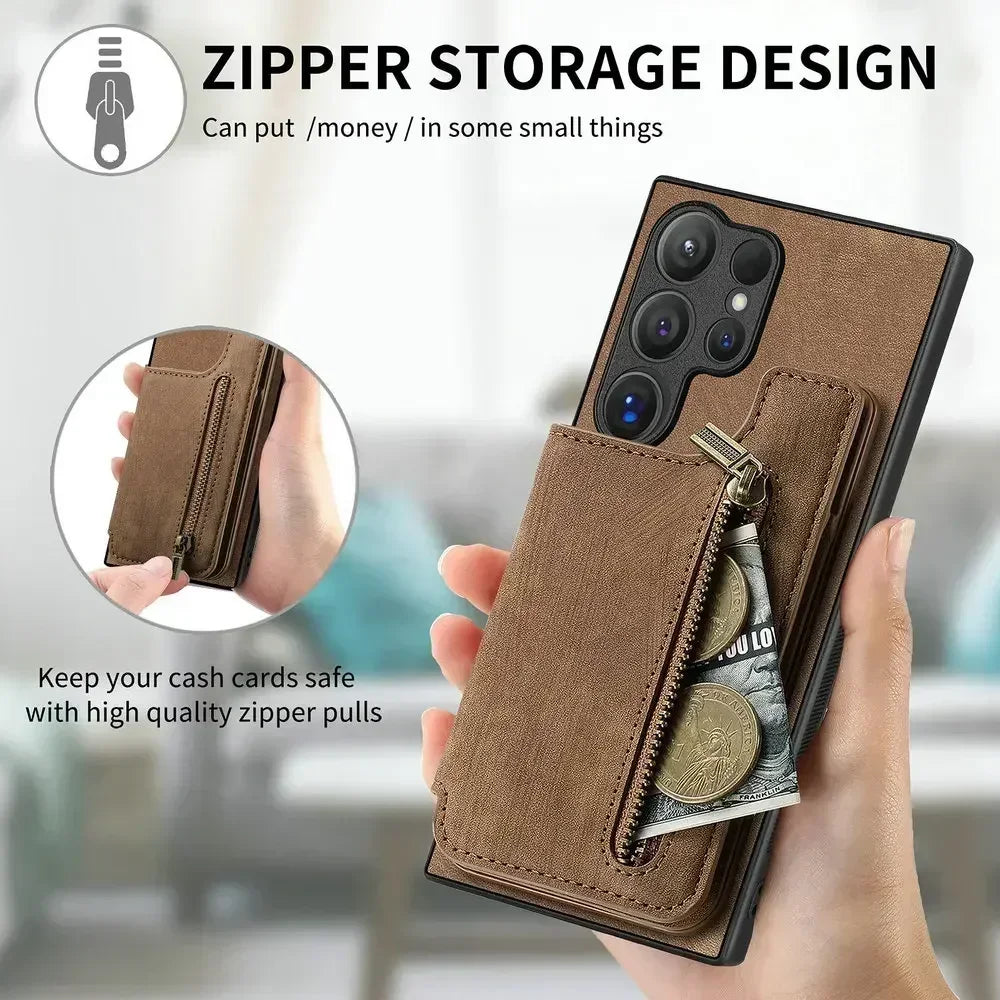 Zipper leather card bag magnetic phone case for Samsung