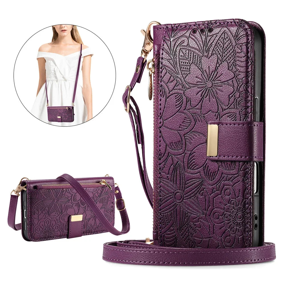 Leather Zipper Crossbody Flip Wallet Card Slot Case for IPhone