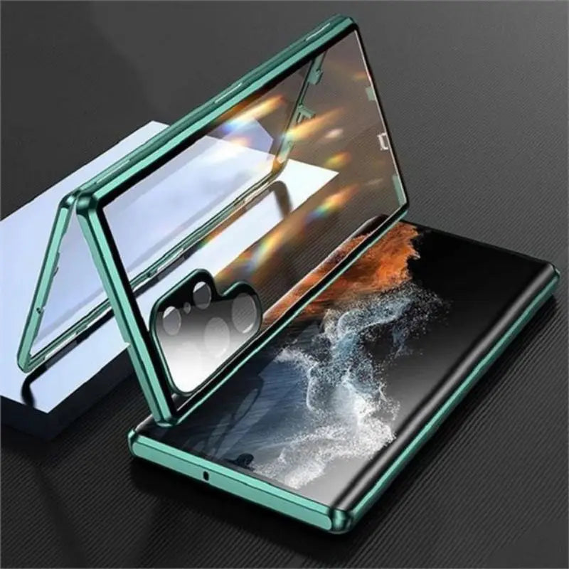 360° Metal Double Sided Glass Snap Lock Phone Case For Samsung Galaxy