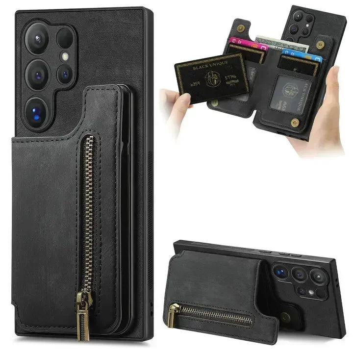 Zipper leather card bag magnetic phone case for Samsung