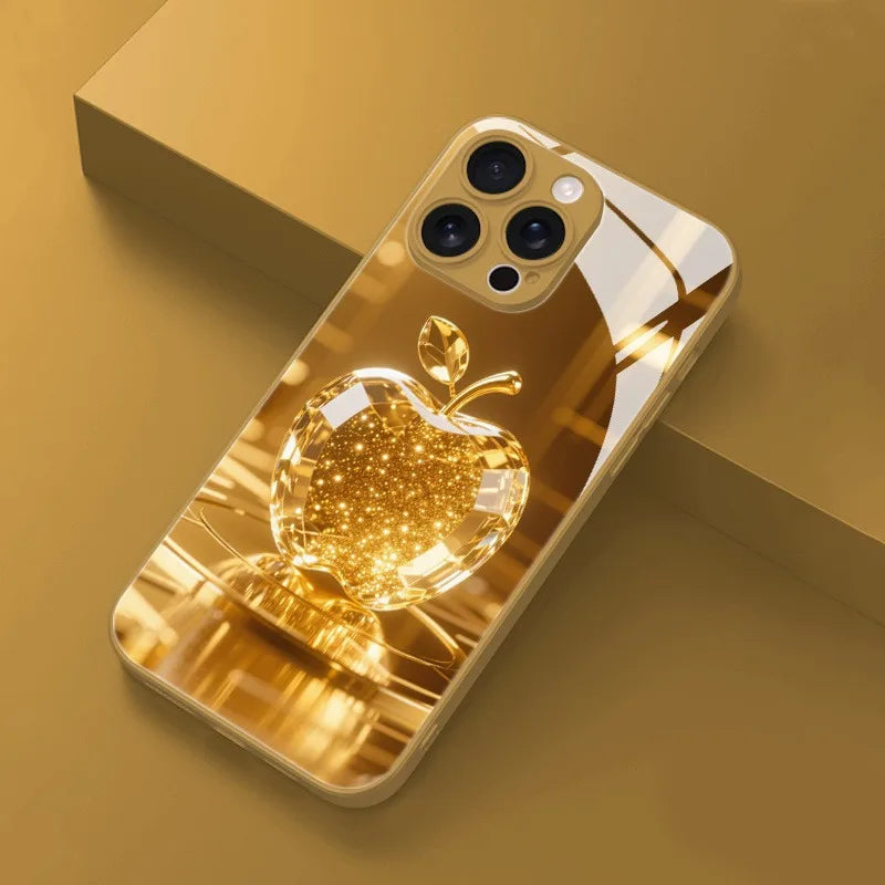 Fashion Gold Crystal For Apple Pattern Metallic Paint Glass Case For iPhone 