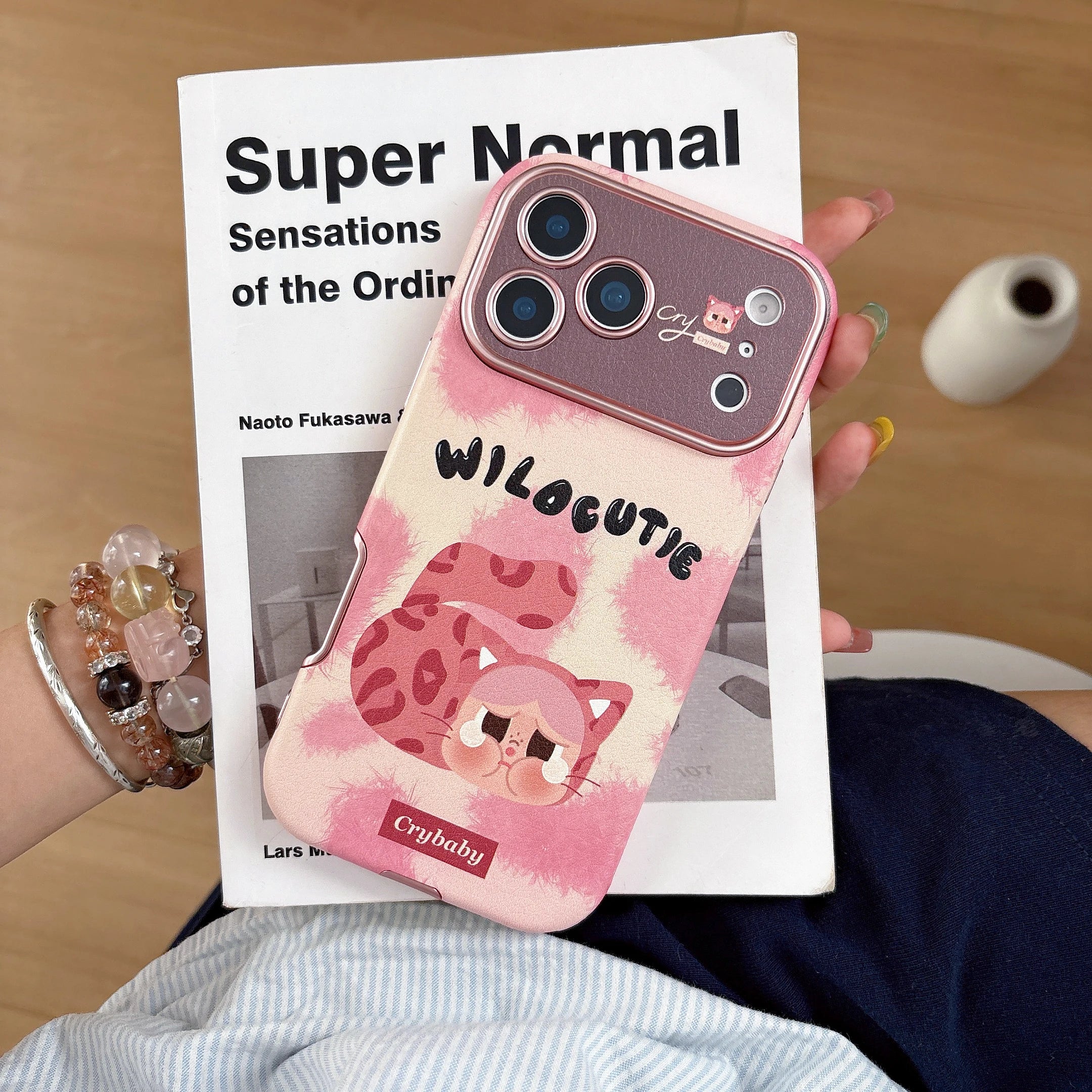 Kawaii Pink Crying Cat Leather Phone Cover With Strap Phone Case For IPhone