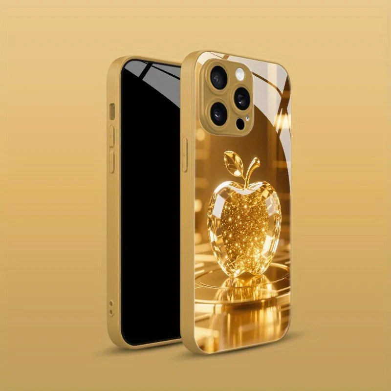 Fashion Gold Crystal For Apple Pattern Metallic Paint Glass Case For iPhone 