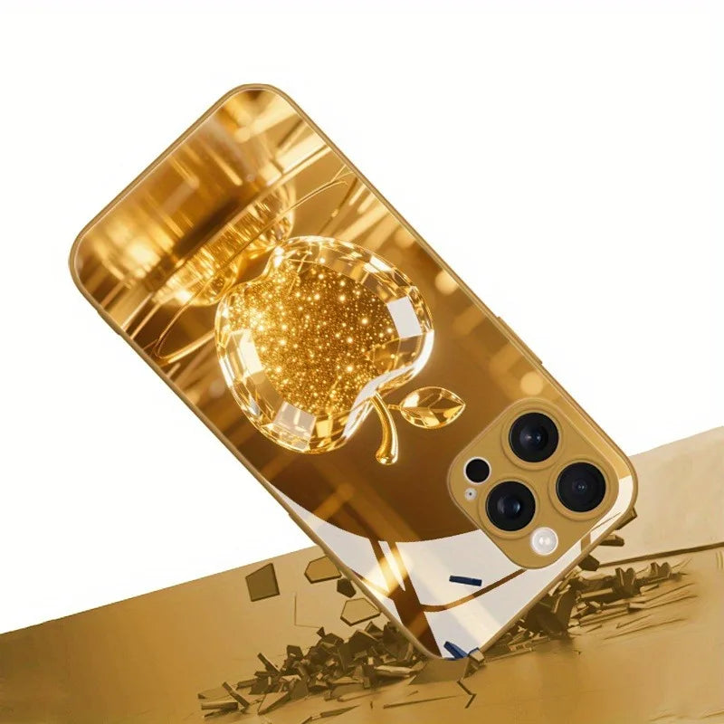 Fashion Gold Crystal For Apple Pattern Metallic Paint Glass Case For iPhone 