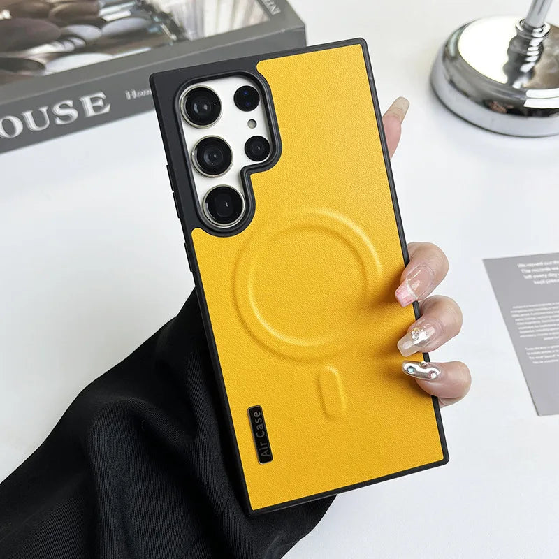 Leather Side Border Colorblock Soft Magsafe Magnetic Case for Samsung