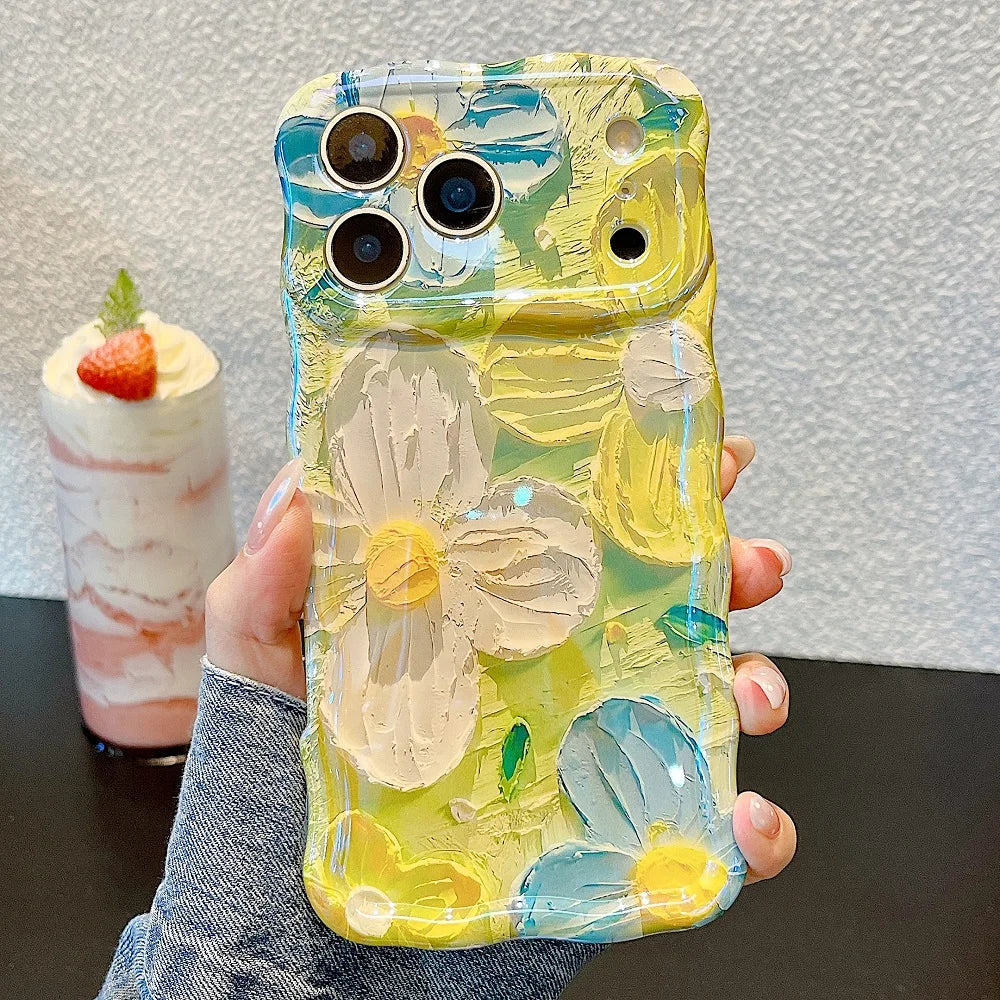 Luxury Wave Edge Laser Oil Painting Flowers Pattern Phone Case For iPhone