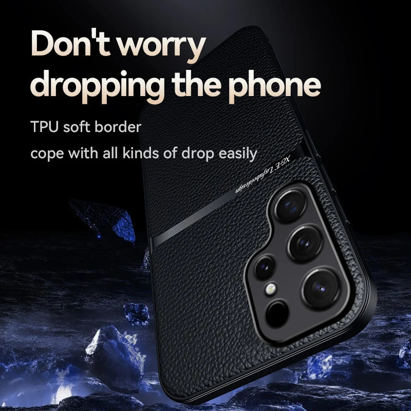 For Magnetic Car Holder Luxury Leather Phone Case For Samsung