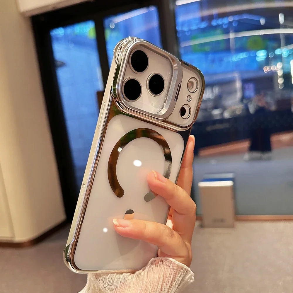 Clear Broderless PC Plating Case for iPhone Hold Lens Bracket