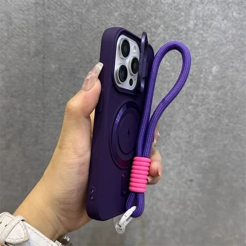 Luxury flip style lens holder hanging rope phone case for iPhone