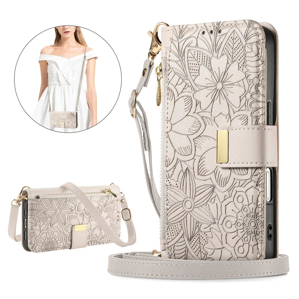 Leather Zipper Crossbody Flip Wallet Card Slot Case for IPhone