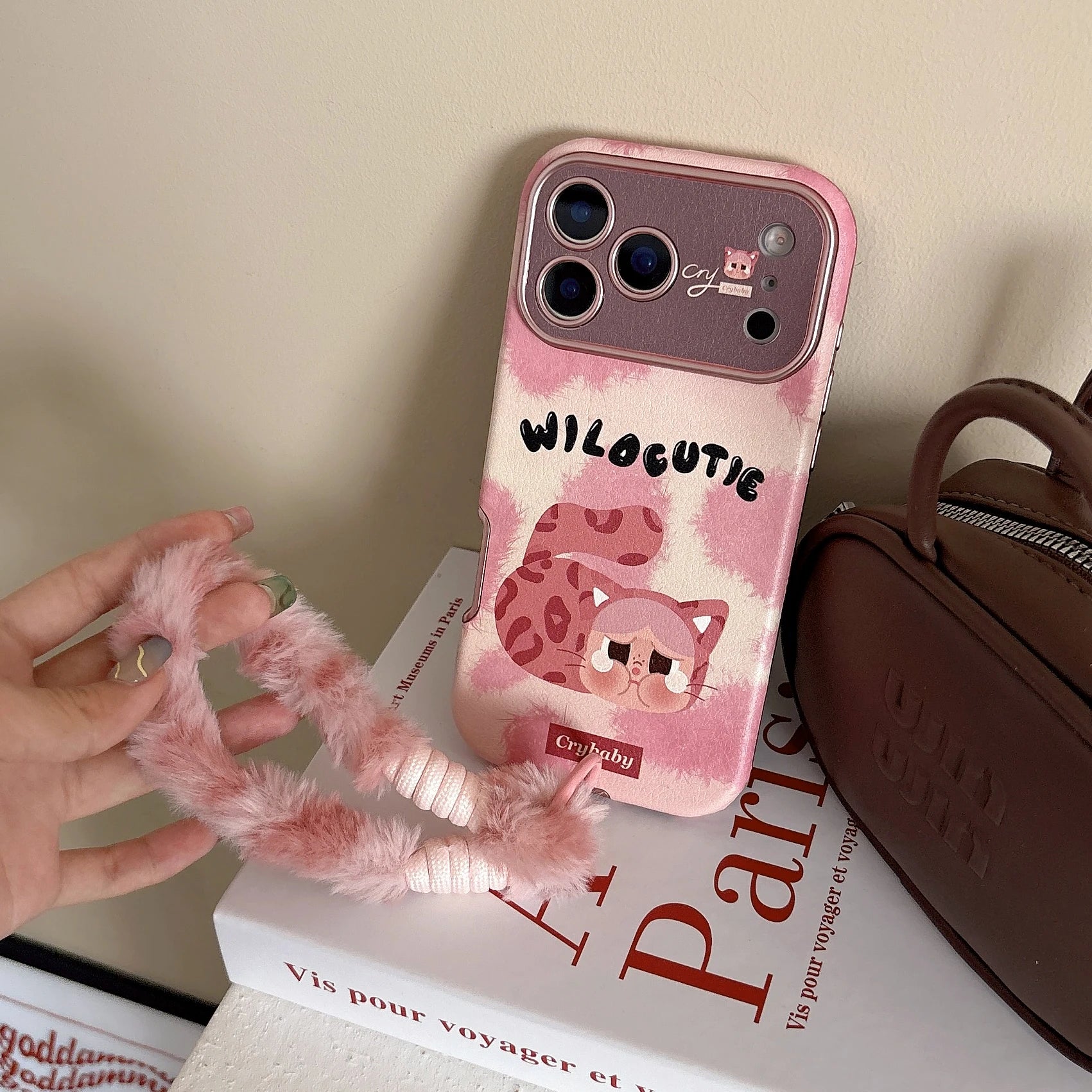 Kawaii Pink Crying Cat Leather Phone Cover With Strap Phone Case For IPhone