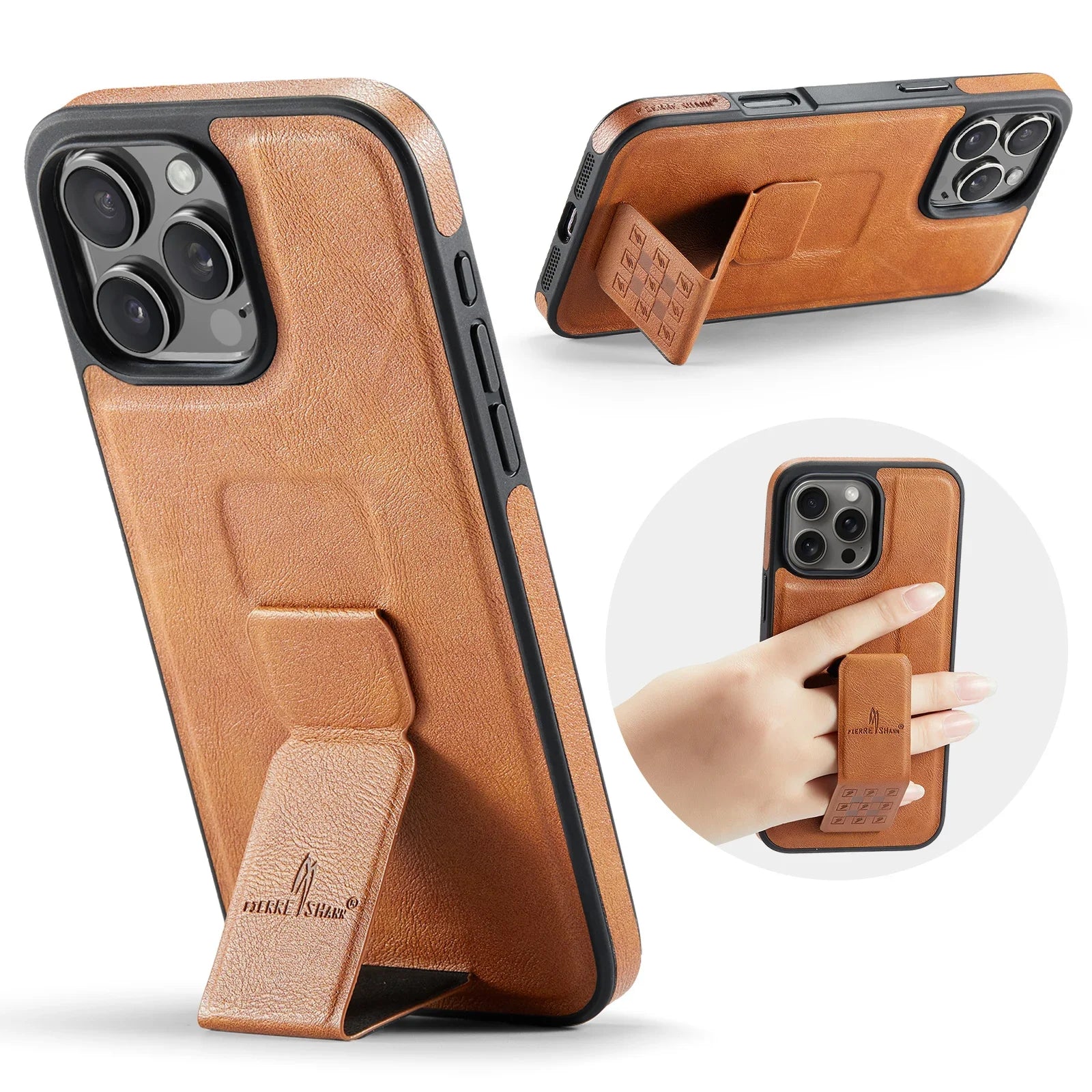 Leather+Soft Frame Cover Phone Case Finger Holder for IPhone