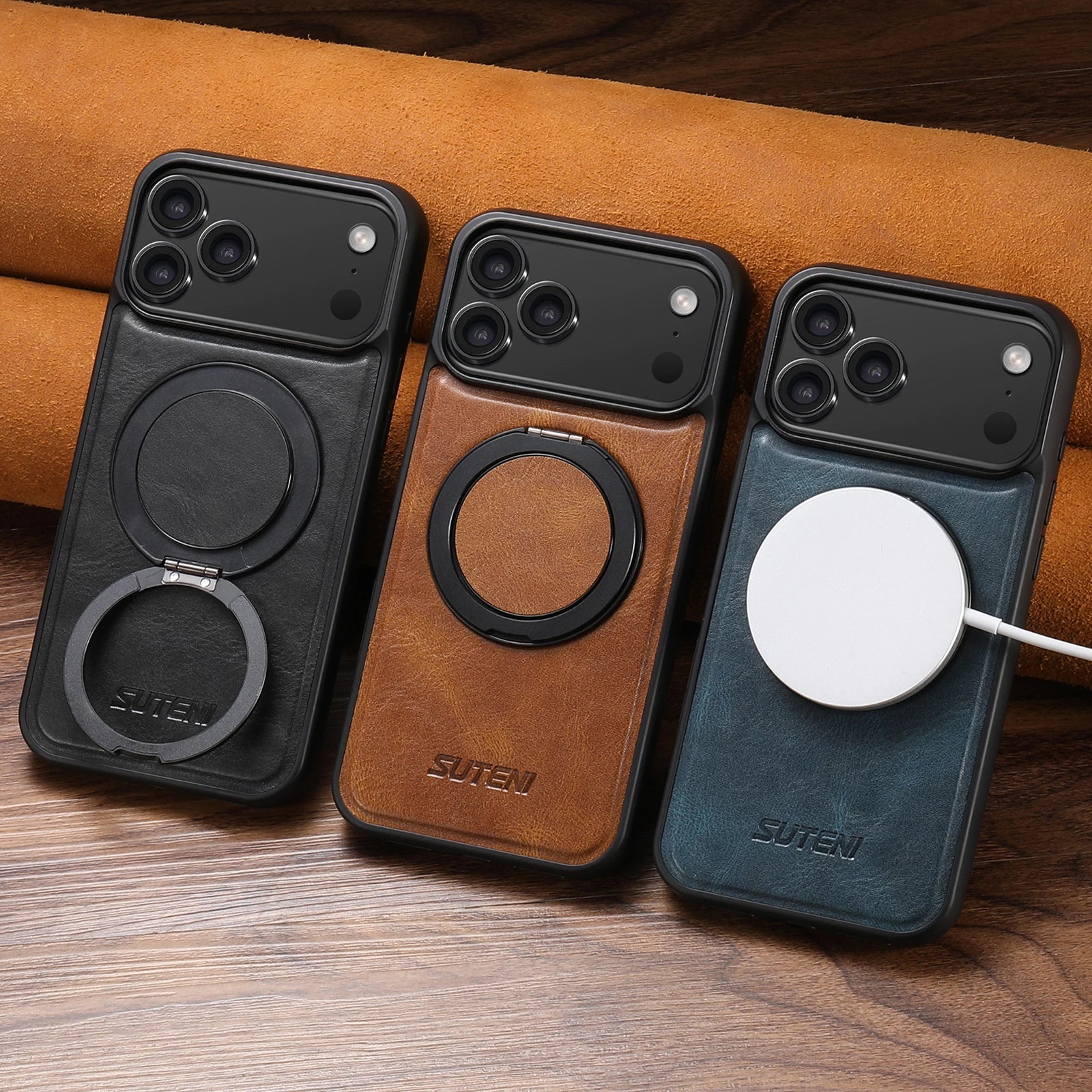 Oil Wax Faux Leather Magnet Phone Case 360° Stand For iPhone