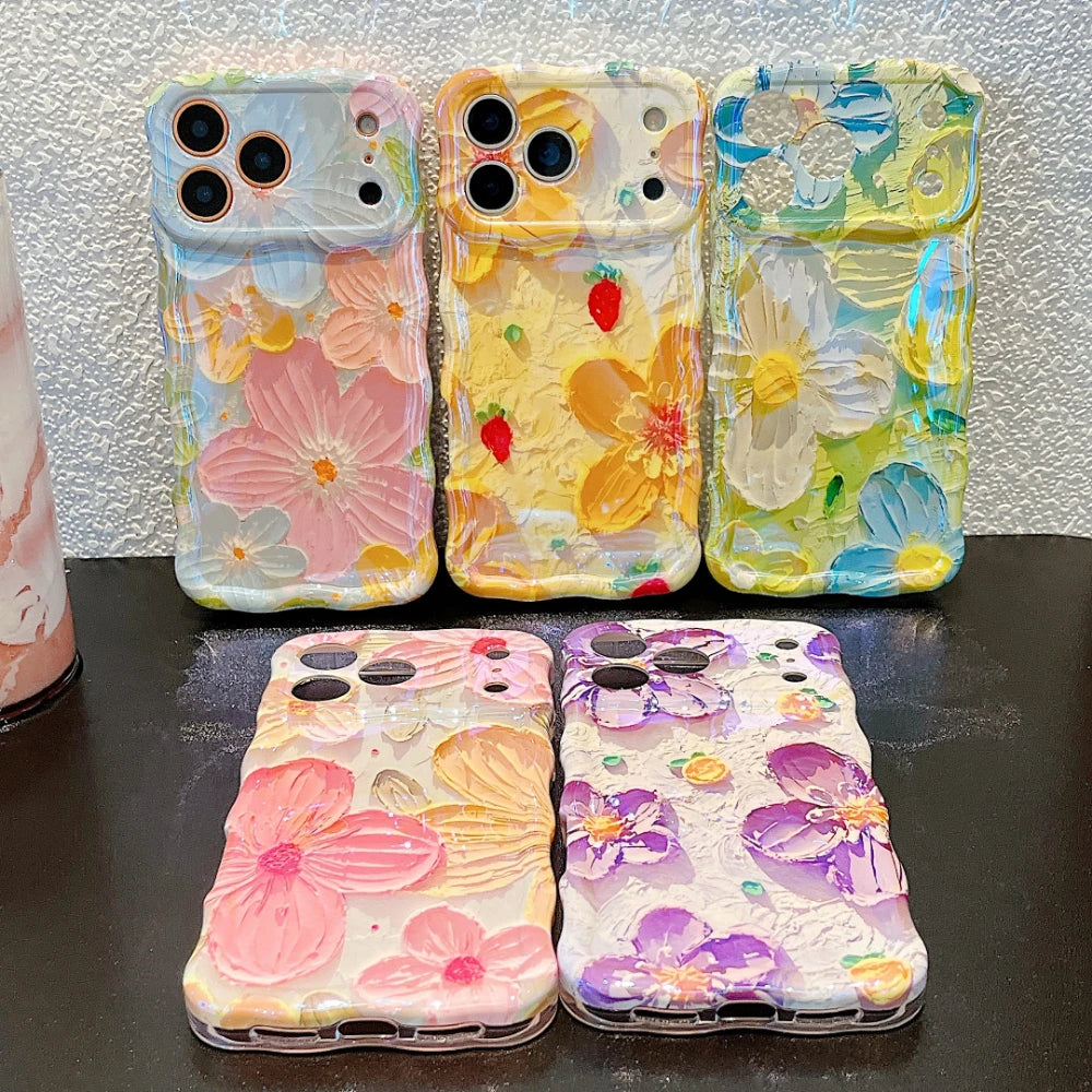 Luxury Wave Edge Laser Oil Painting Flowers Pattern Phone Case For iPhone