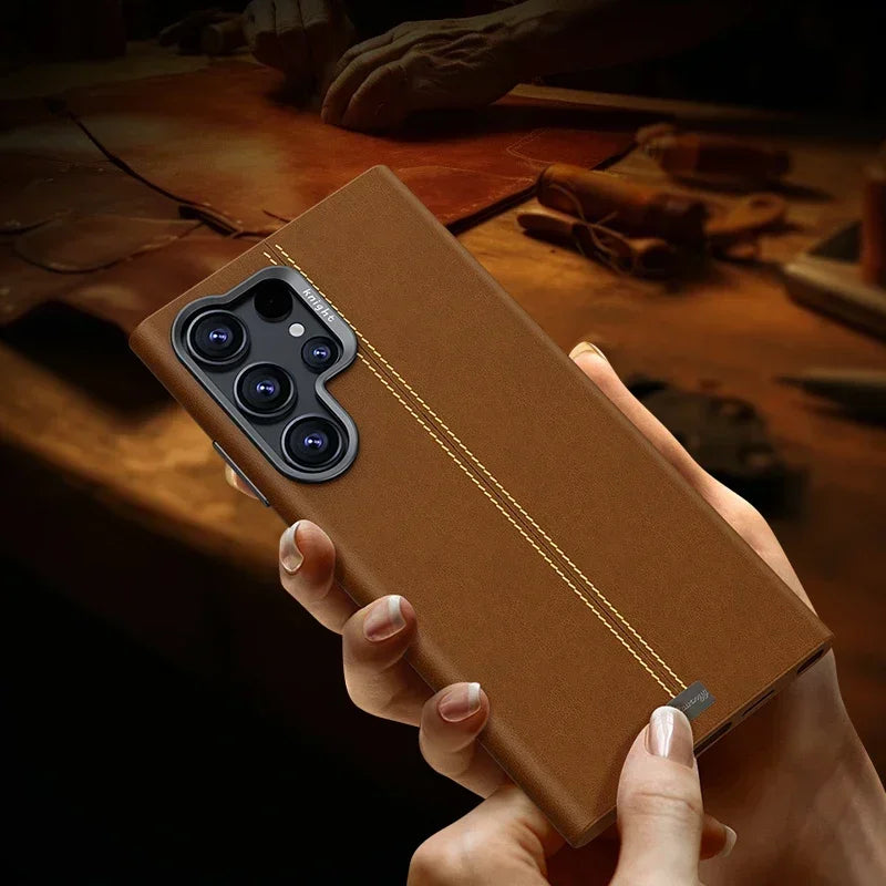 Solid Color Retro Leather Case for Samsung Matte Anti-Fingerprint Cover