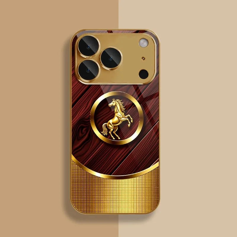 High End Golden Horse Pattern Tempered Glass Phone Case For iPhone 
