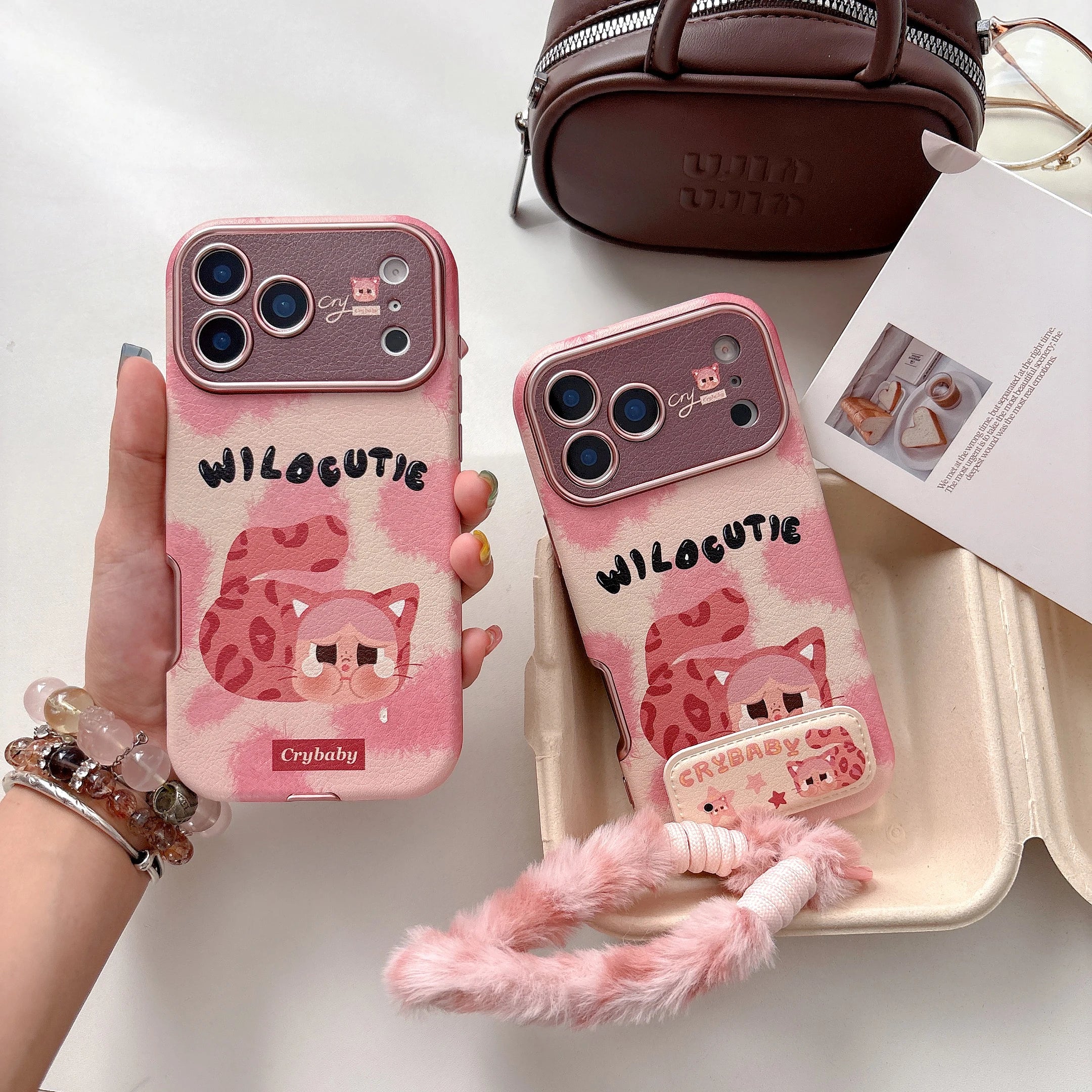 Kawaii Pink Crying Cat Leather Phone Cover With Strap Phone Case For IPhone
