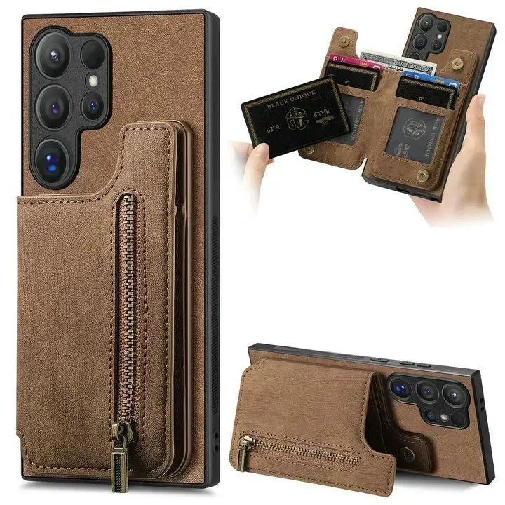 Zipper leather card bag magnetic phone case for Samsung