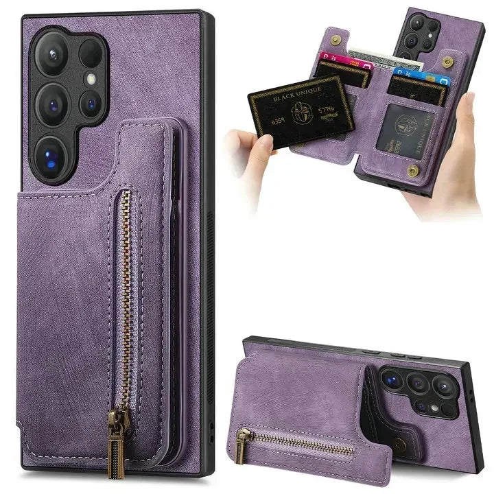 Zipper leather card bag magnetic phone case for Samsung