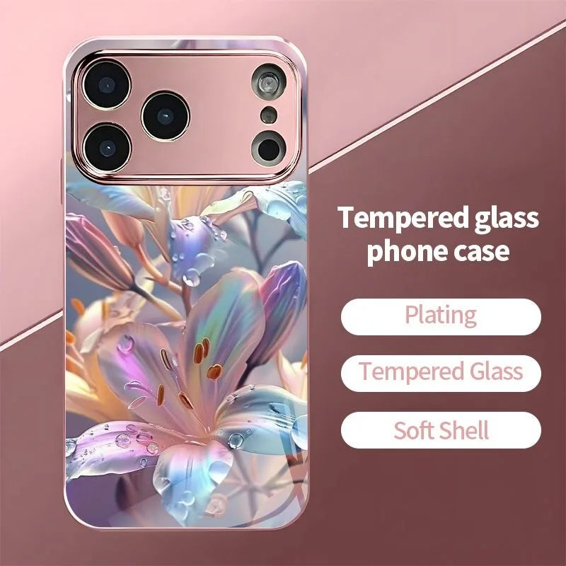 Colorful Lily Pattern Metallic Tempered Glass Phone Case For iPhone