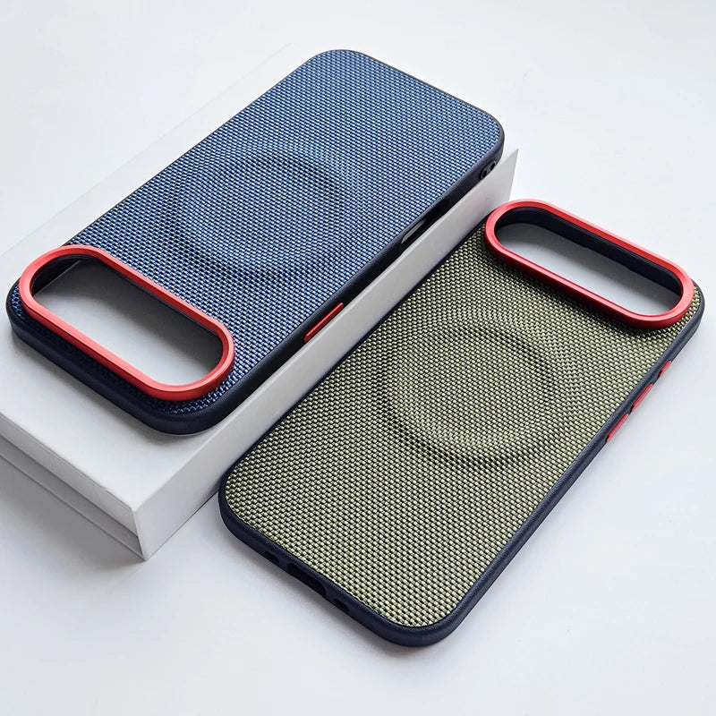 Luxury Magnetic Soft TPU+Nylon Woven Leather Back Anti-Fingerprint Cover for iPhone