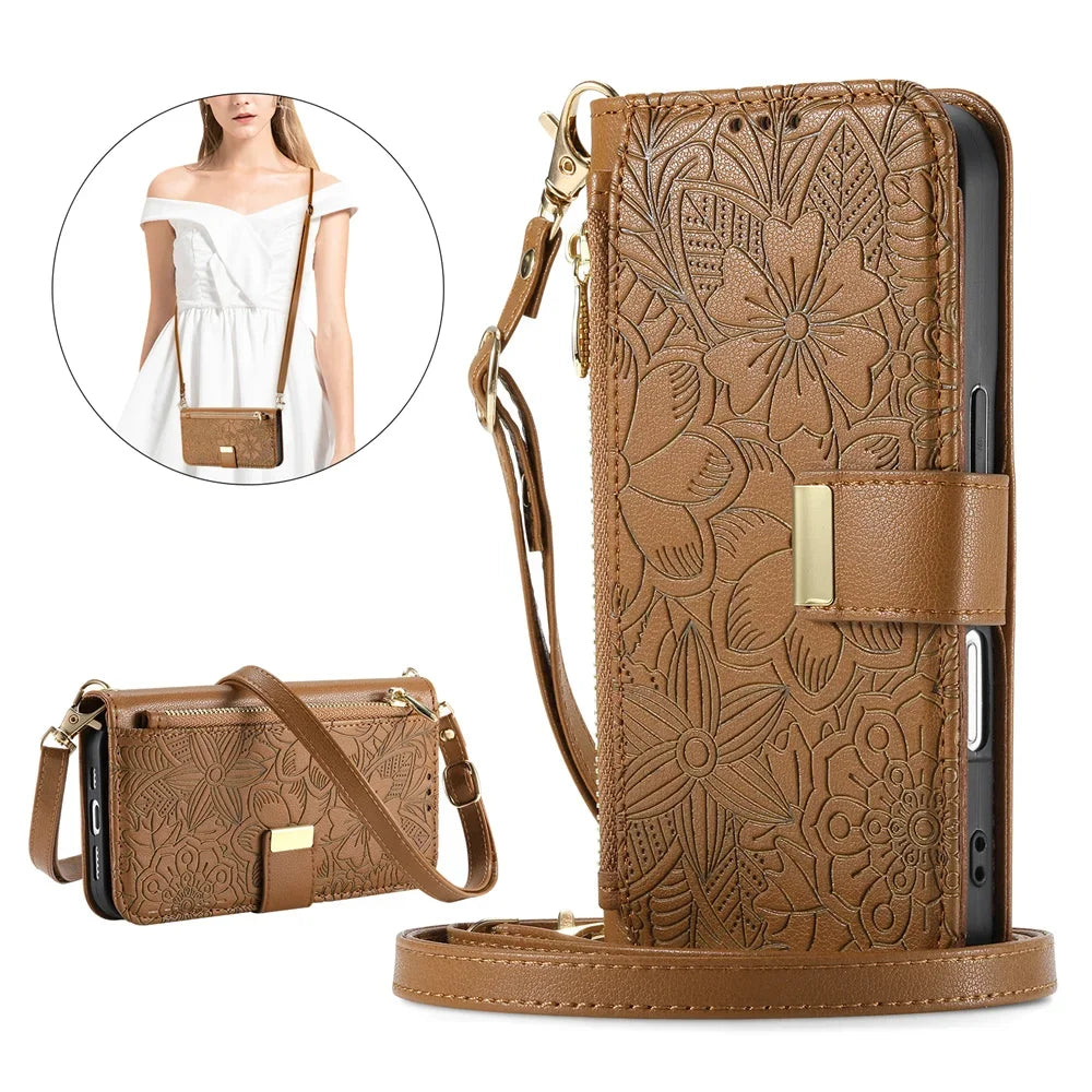 Leather Zipper Crossbody Flip Wallet Card Slot Case for IPhone
