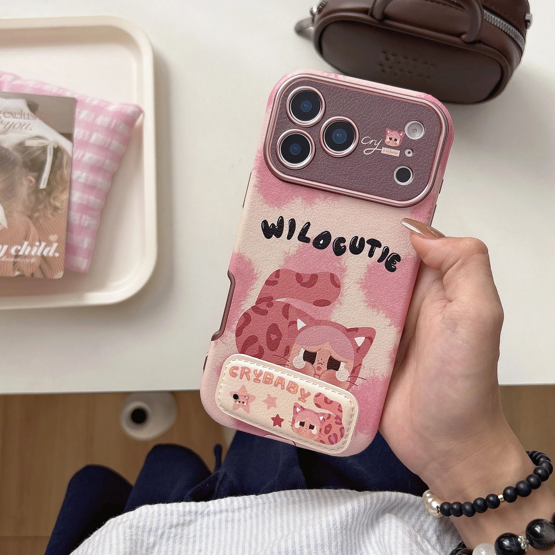 Kawaii Pink Crying Cat Leather Phone Cover With Strap Phone Case For IPhone