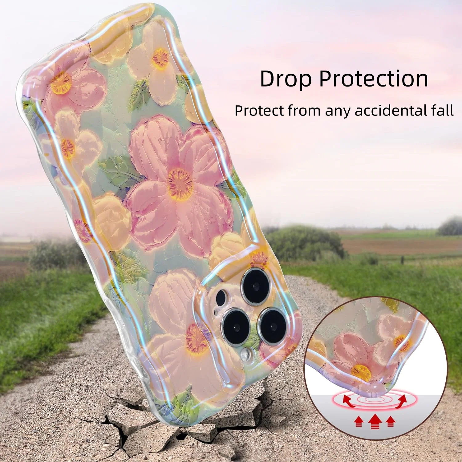 Luxury Wave Edge Laser Oil Painting Flowers Pattern Phone Case For iPhone