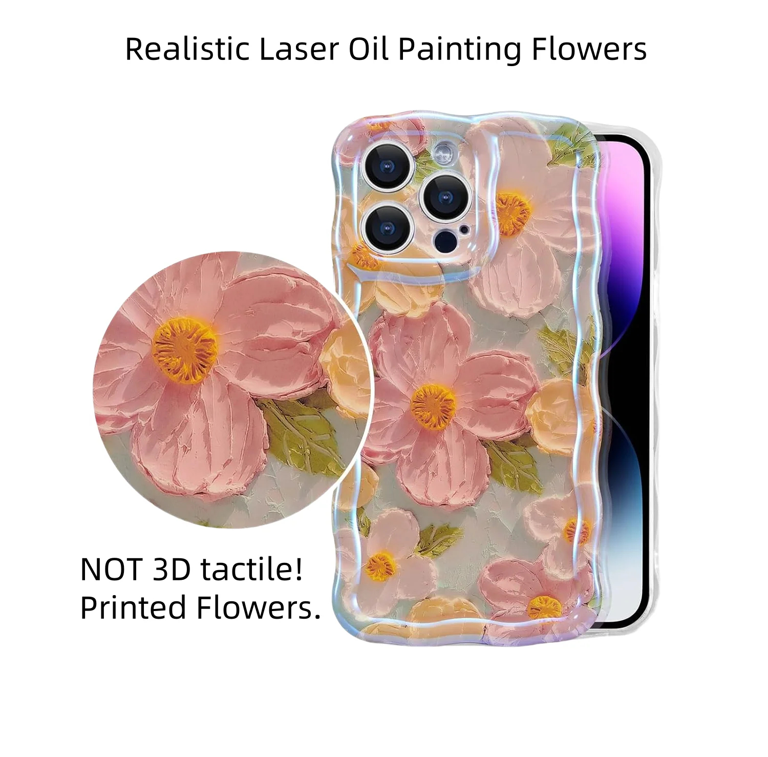 Luxury Wave Edge Laser Oil Painting Flowers Pattern Phone Case For iPhone