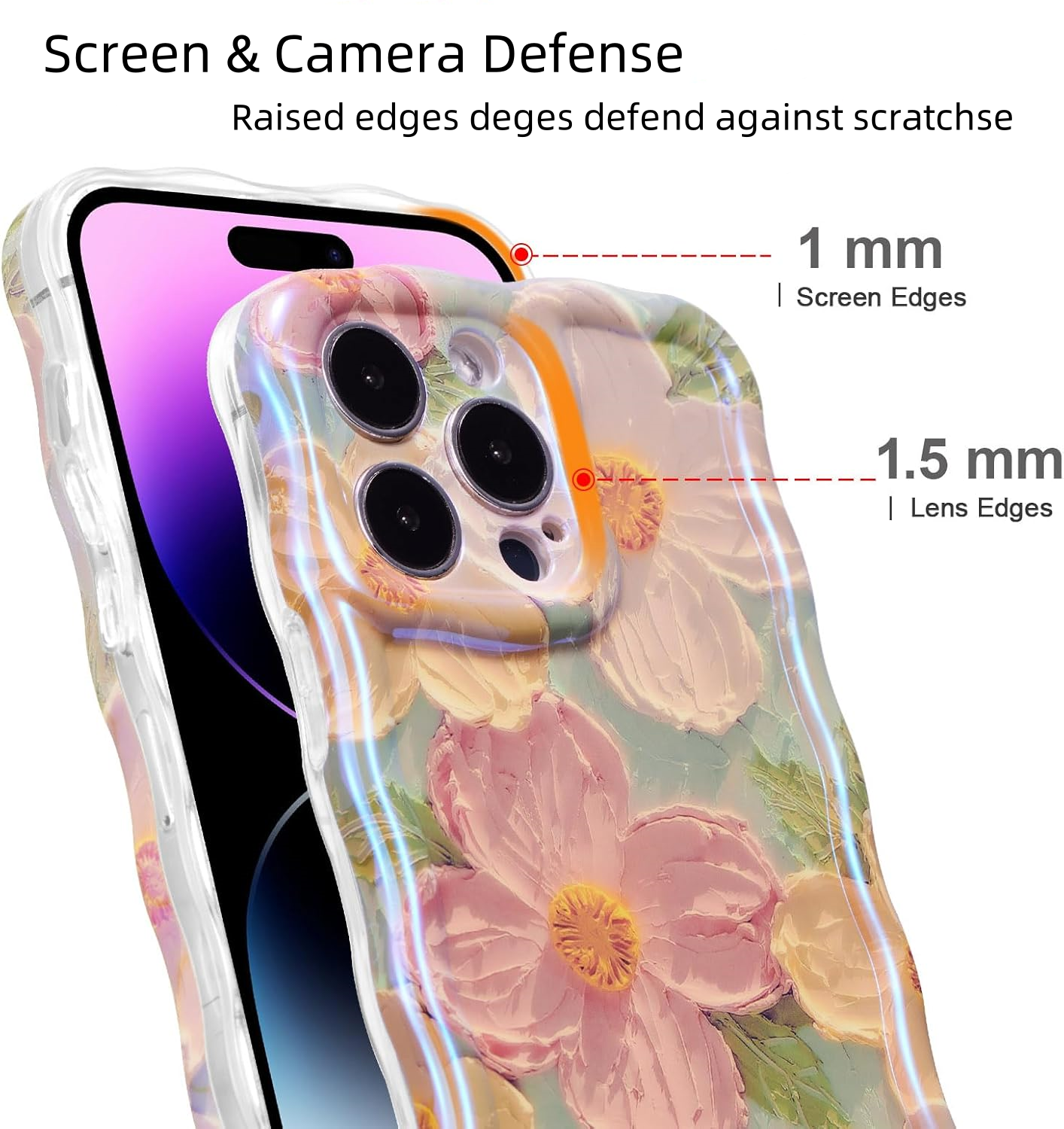 Luxury Wave Edge Laser Oil Painting Flowers Pattern Phone Case For iPhone