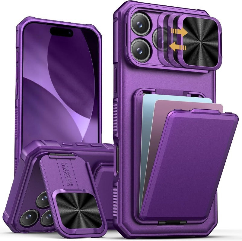 Card Holder & Kickstand & Slide Camera Lens Cover & Camera Stand & Wallet, Phone Case Cover for iPhone