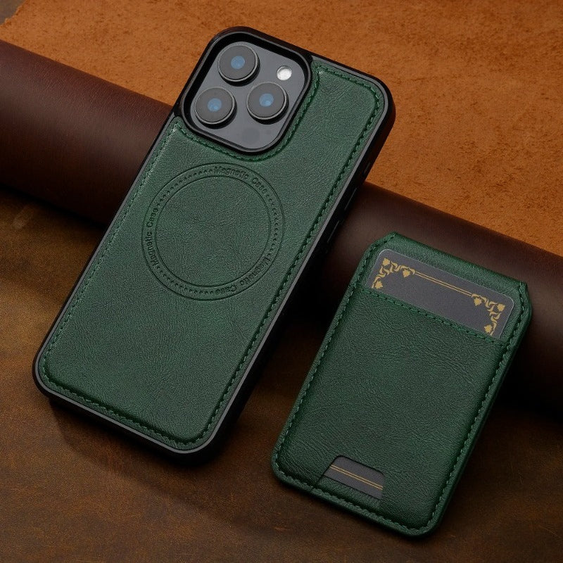 Detachable magnetic 2-in-1 genuine leather strap phone case with card slot for iPhone.