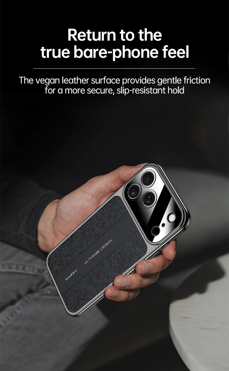 CASESUN vegan leather iPhone 17 Pro Max case shown in hand, slim profile with comfortable grip and bare-phone feel