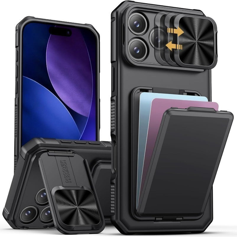 Card Holder & Kickstand & Slide Camera Lens Cover & Camera Stand & Wallet, Phone Case Cover for iPhone