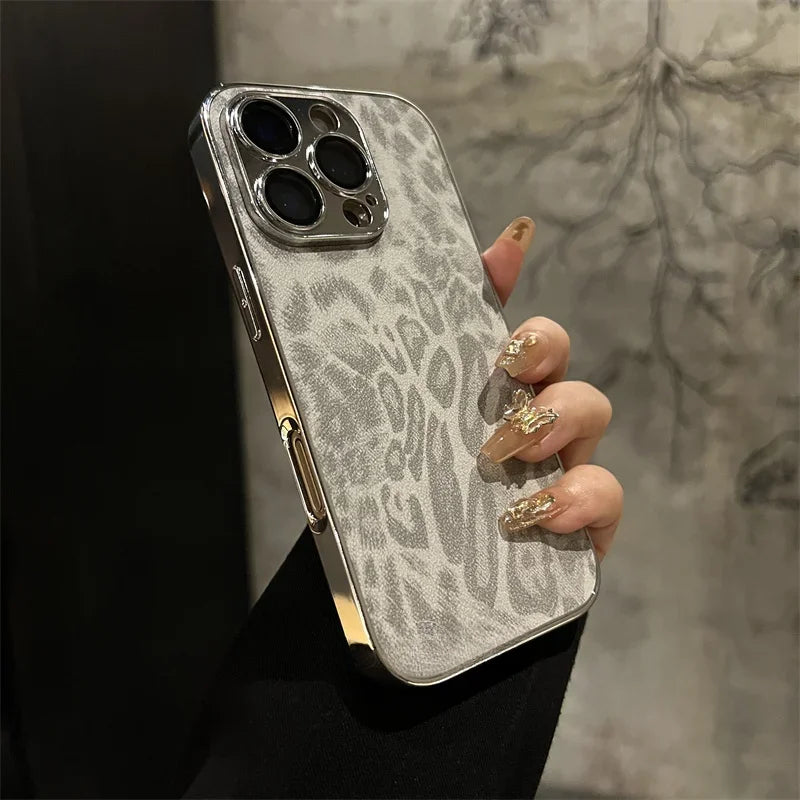 Luxury electroplated leopard print leather phone case for iPhone