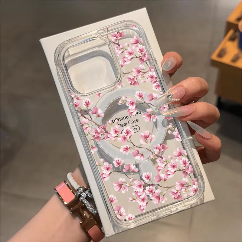 Pink butterfly flower transparent phone case for iPhone