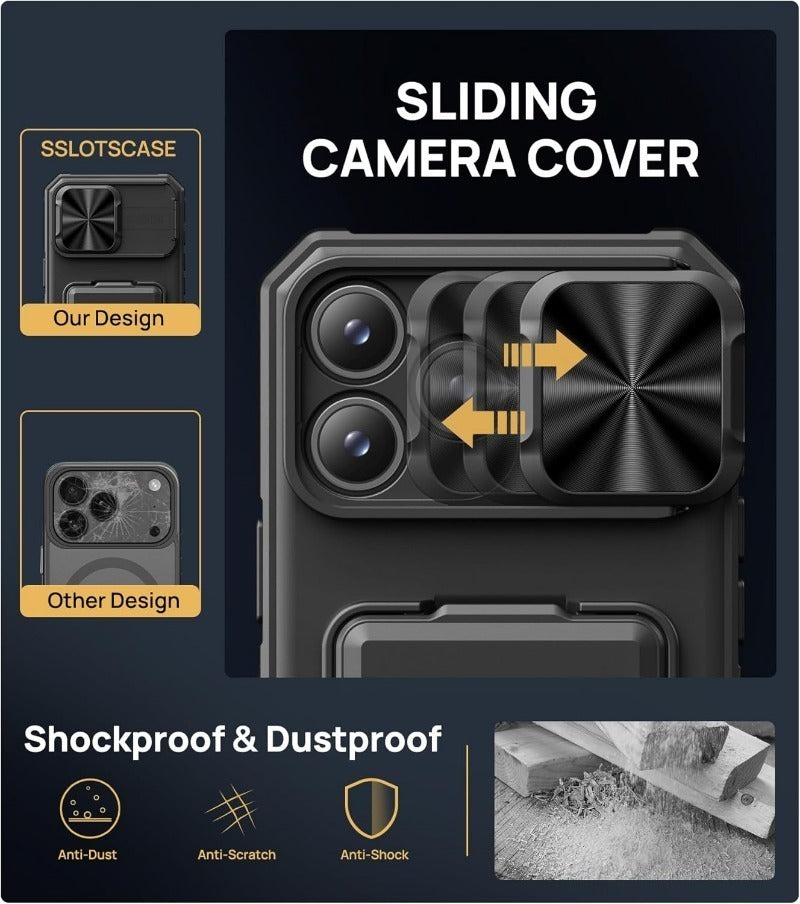 Card Holder & Kickstand & Slide Camera Lens Cover & Camera Stand & Wallet, Phone Case Cover for iPhone