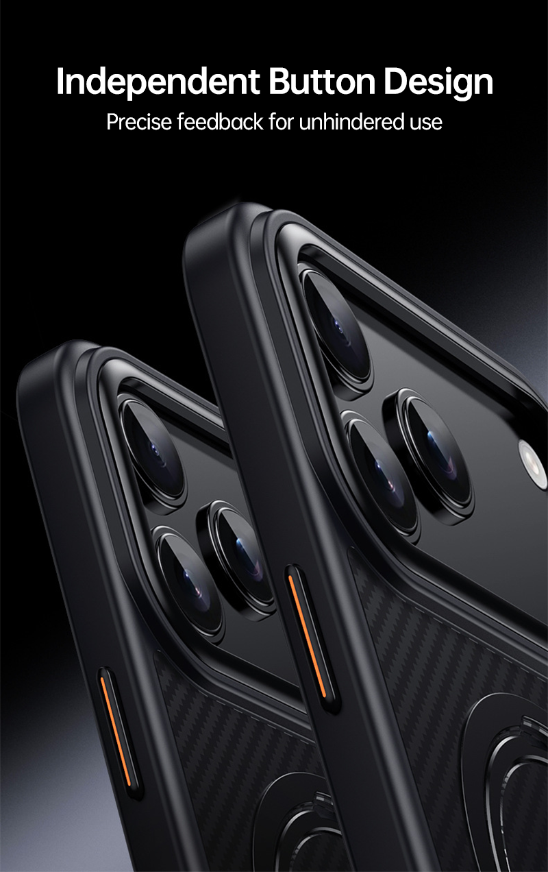 CASESUN iPhone 17 Pro Max carbon fiber case with independent button design.