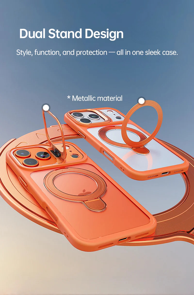 Dual stand MagSafe case for iPhone 17 &mdash; two metal kickstands for both portrait and landscape viewing.