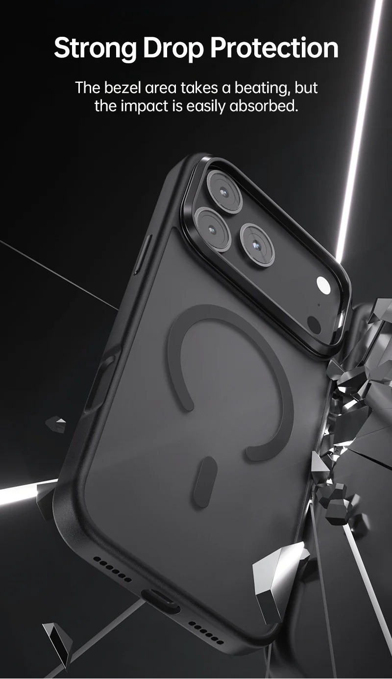 CaseSun-Illustrating the iPhone 17 Pro CASESUN case's impact-absorbing technology, with reinforced edges designed to withstand drops and shocks, ensuring safety for your device.