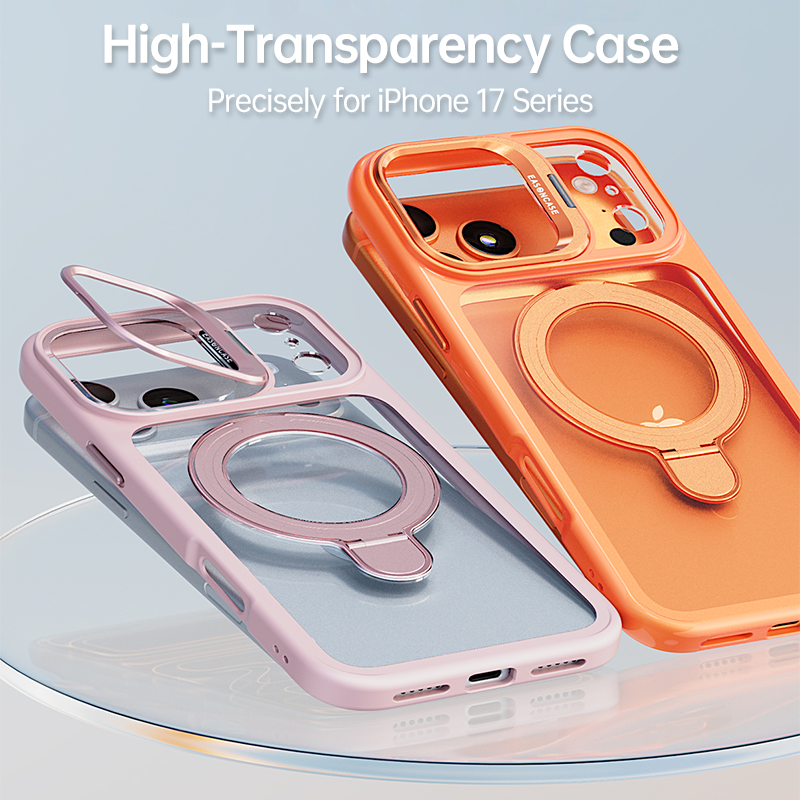 CASESUN Transparent MagSafe stand case for iPhone 17 &mdash; anti-yellow clear back with soft TPU frame.