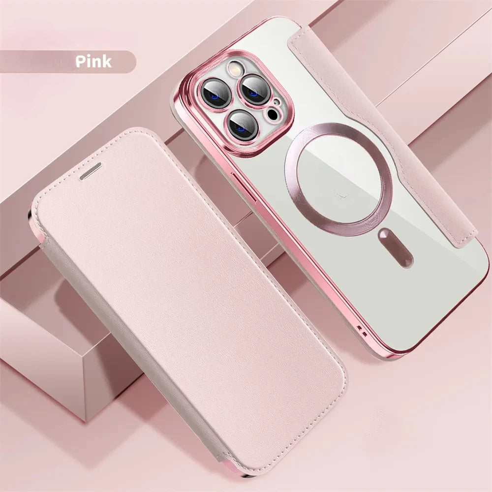 Flip leather wireless charging phone case for iPhone
