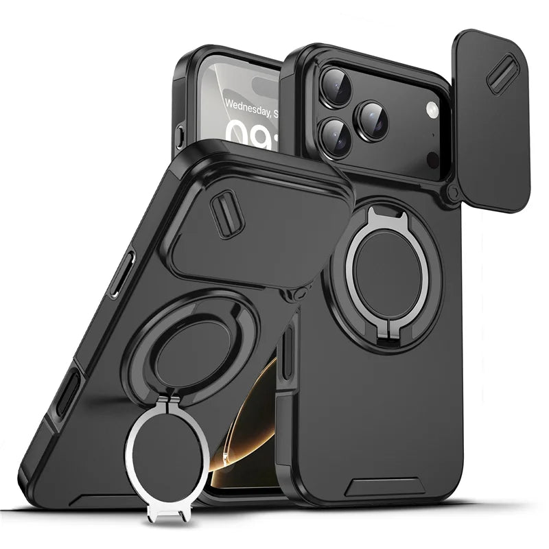 CaseSun-iPhone 17 Pro Max TitanGuard case with magnetic ring stand and camera slider, military-grade protection.