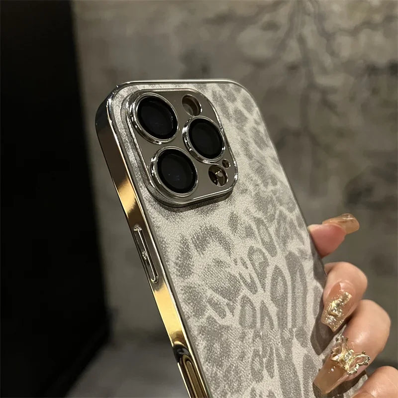 Luxury electroplated leopard print leather phone case for iPhone