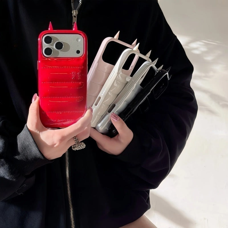 Cartoon Leather horns Down Phone Case with Quilted Down Design Shockproof Phone Case for IPhone