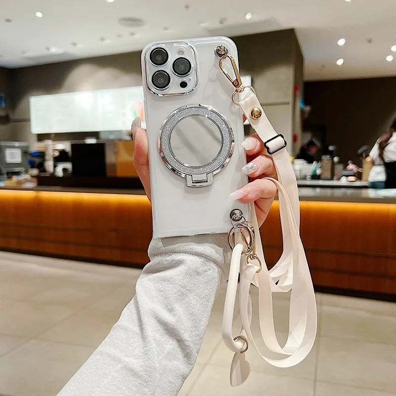 Mirror Stand Silk Strap Transparent Crossbody Neck Lanyard Soft  Case For iPhone 