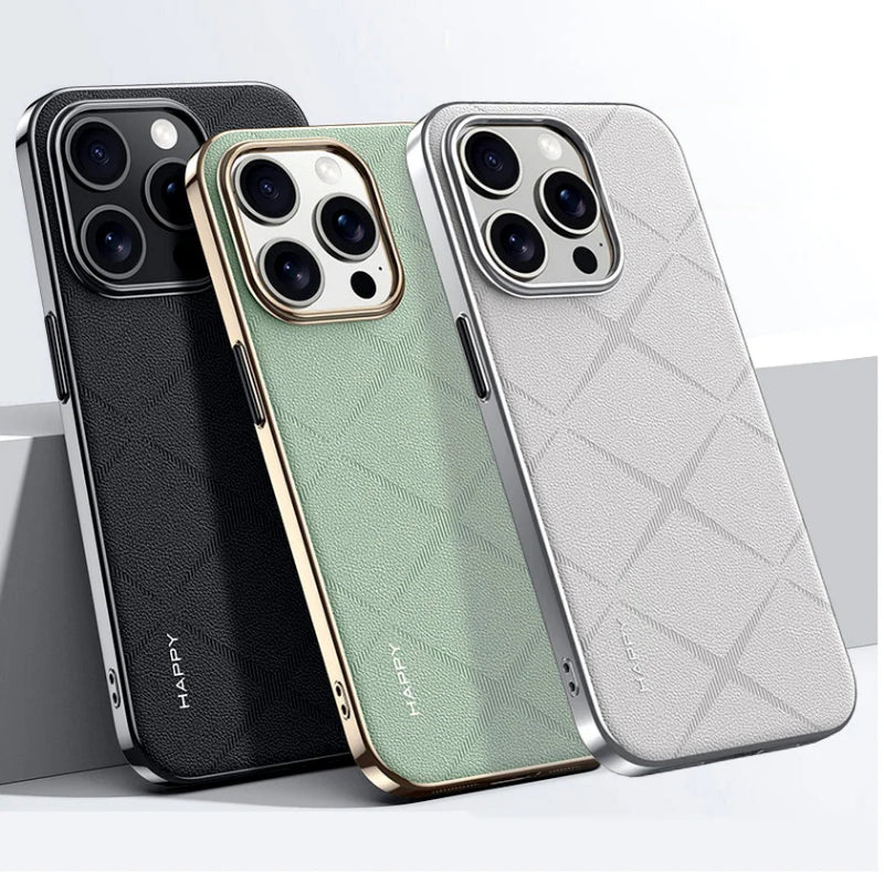 Luxury Plain Leather + Camera Lens Protection Case For iPhone