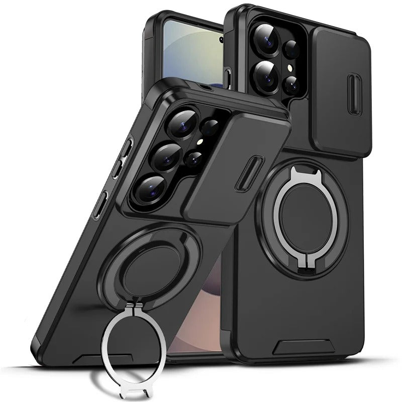 Samsung phone slider camera case with car magnetic mount and metal ring