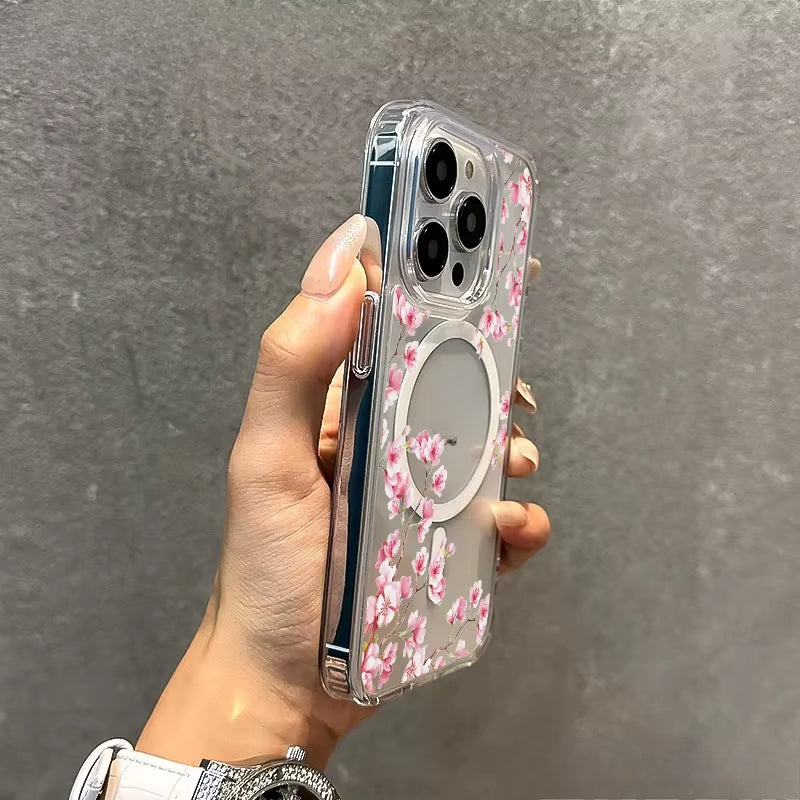 Pink butterfly flower transparent phone case for iPhone