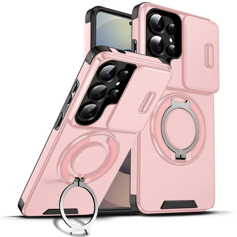Samsung phone slider camera case with car magnetic mount and metal ring